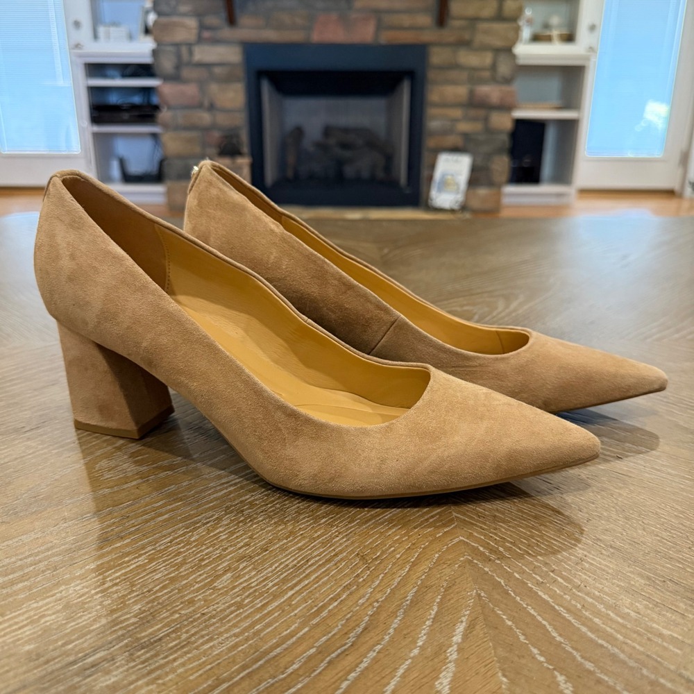 Nine West Kalore 9x9 Taupe Suede Leather Block Heel Pumps 12M NWOB